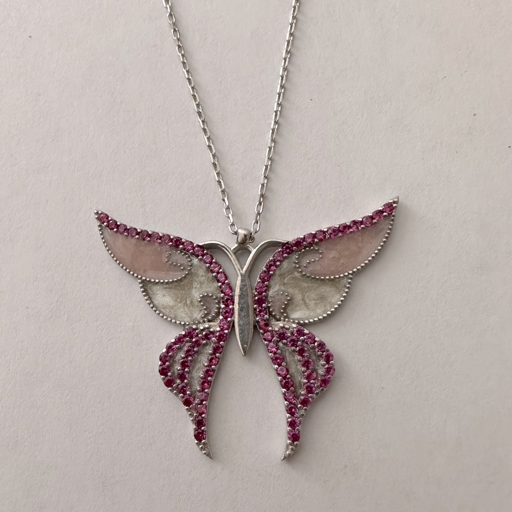 925 sterling silver butterfly pink enamel necklace